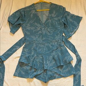 Teal Wrap Romper with White Pattern